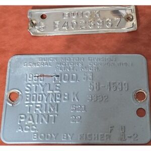 1958 Buick VIN Data Plate Trim Tag Body by‎ Fisher GM Flint Michigan
